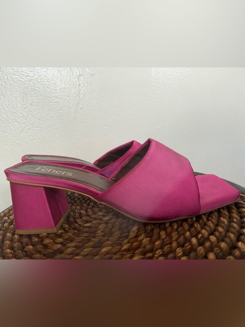 Feners Pink Satin Open-Toe Block Heel Mules